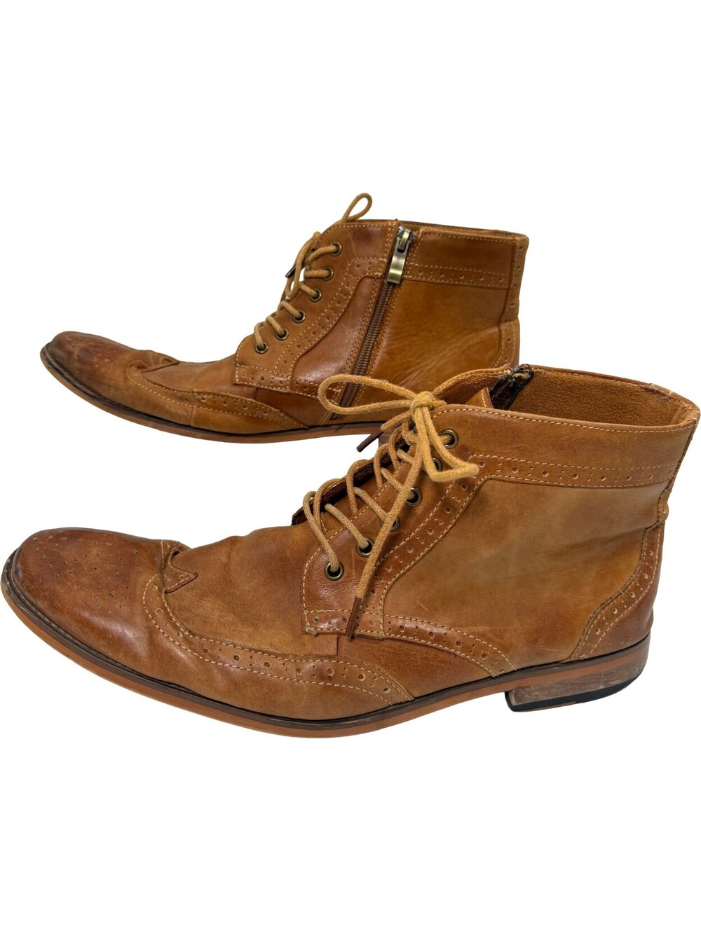 Kunsto Brogue Mens 12 Brown Leather Ankle Zip Boot Cap Toe Wingtip Western Shoe